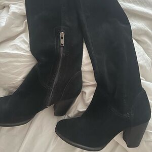 Black Suede and Leather lining Boots with thick wooden heel. New condition.